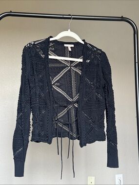 Rebecca Taylor Black Openwork Tie-Front Cardigan-100% Cotton